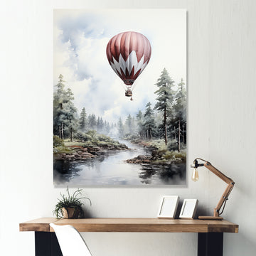 Monochrome Forest Balloon Flight - Hot Air Balloon Canvas Wall Art